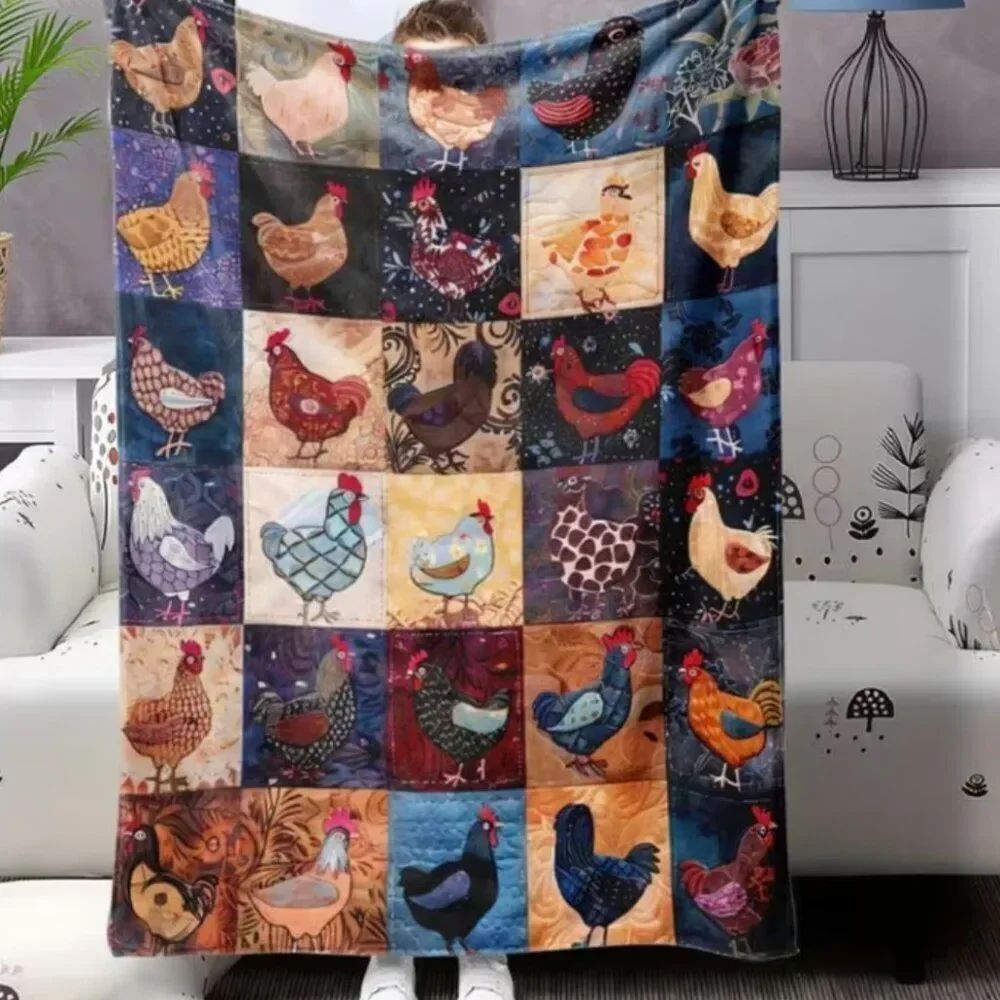 Chicken Velour Blanket Soft Warm Farmhouse Throw with Chicken "Quilt" Motif